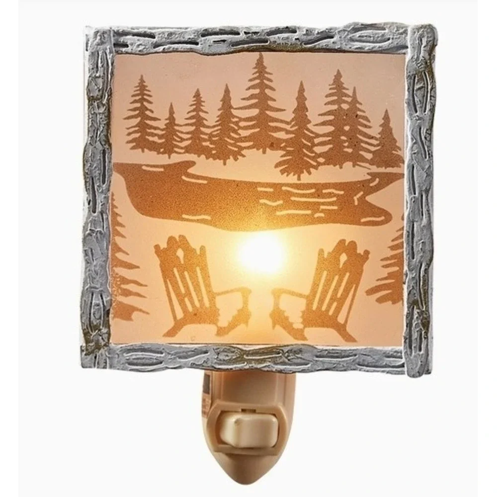 Adirondack Chair Night‎ Light ~ Lake Pine Trees Glass & Metal Park Designs NEW